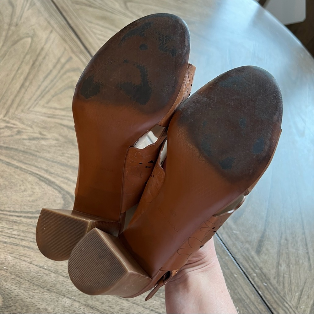 Cole Haan Brown Leather Indra high floral summer sandal Slingback Heels - Picture 5 of 8